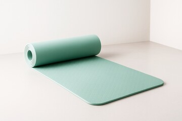 Rolled teal yoga mat mockup on clean light surface with soft shadows and minimalist background for fitness branding or product presentation. Ai generative