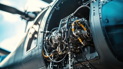 Fototapeta premium Helicopter Engine Close-up: A Detailed View of Aviation Technology