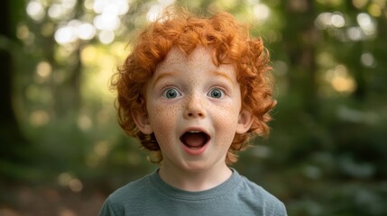 A surprised redhead child in nature.