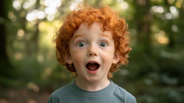 A surprised redhead child in nature.