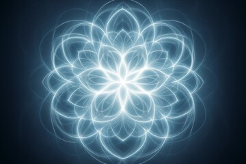 Obraz premium Abstract glowing geometric light flower pattern with radiant symmetry on dark background, futuristic energy bloom concept design. Ai generative