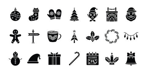 Christmas Solid Icon Set. Festive Vector Silhouette Icons for Winter Holiday, Santa, Gifts, and Celebration of Merry Christmas