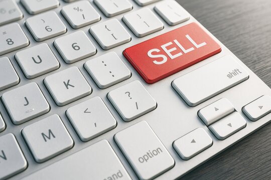 Close-up of computer keyboard with red "SELL" key replacing return button, symbolizing online selling and digital marketing concept.. - Powered by Adobe