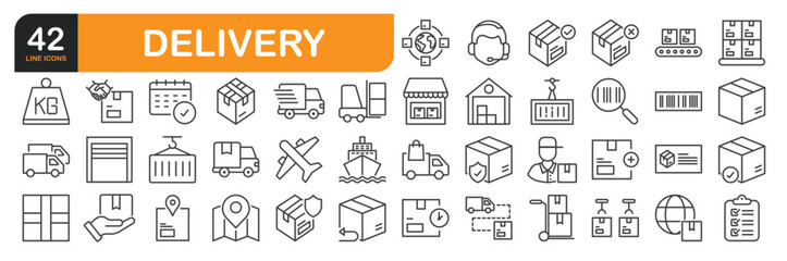Set of line icons related to Delivery, Supply Chain, Warehouse, Supplier, Inventory, Shipping Box and more. Outline icons collection. Editable stroke. Vector illustration.