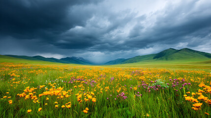 Obraz premium vast meadow wildflowers beneath storm clouds glowing landscape