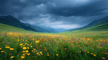 vast meadow wildflowers beneath storm clouds glowing landscape
