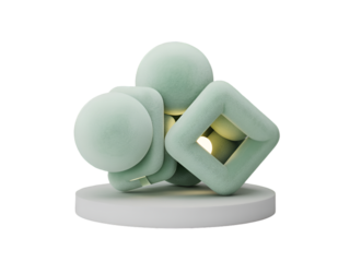 Soft pastel geometric sculpture with glowing orbs isolated on a transparent background abstract