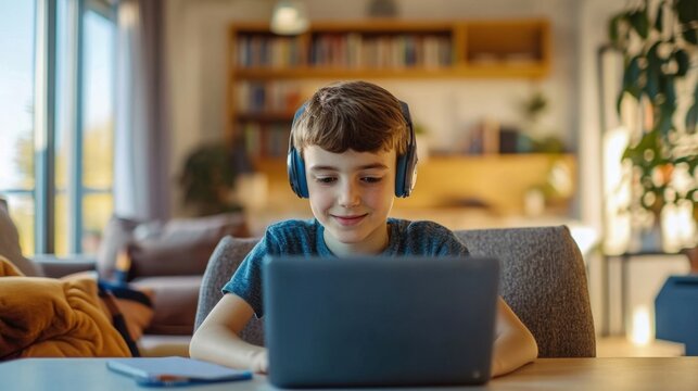 Boy enjoys online learning at home. - Powered by Adobe