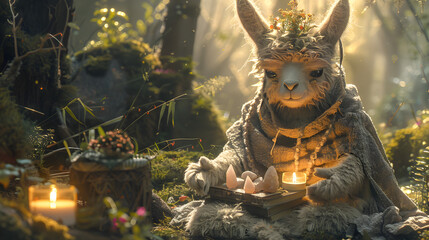 Mystical llama with flower crown and cloak in forest