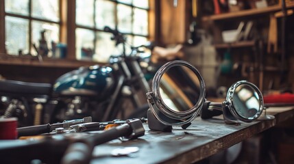 Fototapeta premium Reflective Moments in a Rustic Workshop: A Motorcycle's Silent Story