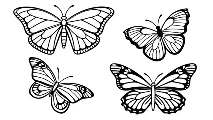 Fototapeta premium Four intricately detailed butterfly outlines in a simple black and white style perfect for design elements.