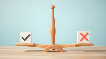 Wooden scale with positive check mark, negative cross mark. Concept represents making right decision, comparing pros cons, evaluation. Weighing good bad. Business planning strategy, management