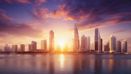 Modern City Skyline with Sunset Reflection on Water