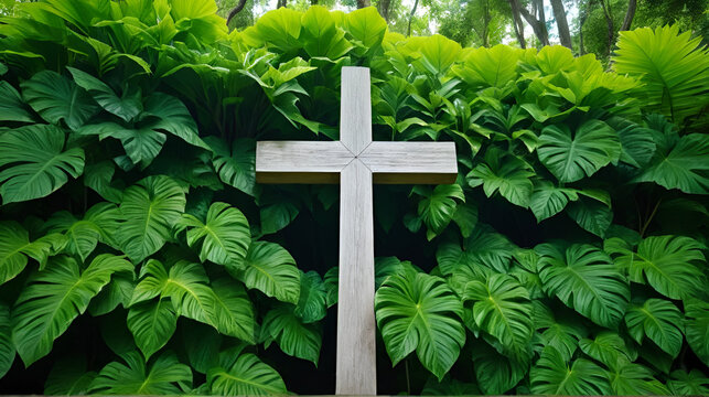 Wooden cross on a backdrop of lush green leaves.