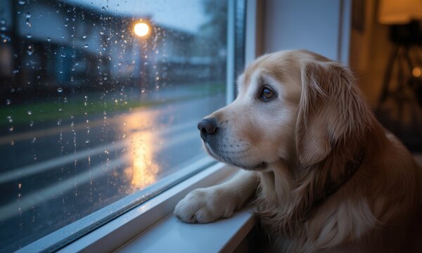 Dog gazing out rainy window on a stormy night