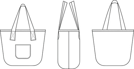Flat vector technical drawing of tote bag with front pocket, top handles, side view, back panel, fashion accessory illustration
