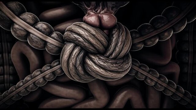 Abstract 3D rendering of intricately knotted internal organs symbolizing severe pain and discomfort within the human body on a dark medical background