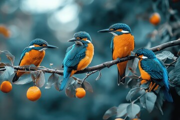 Obraz premium Vibrant wild birds perched on branches amidst lush foliage and fruit, beautiful wild birds sitting on the branches
