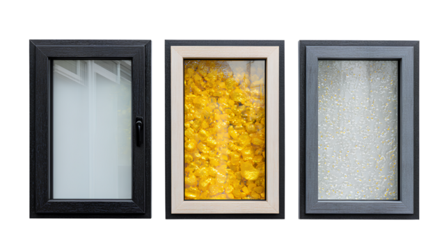 Three designs of double-glazed windows, with each window being an isolated element on a Transparent background PNG