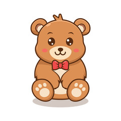 Cute Teddy Bear Cartoon Illustration – Adorable Brown Plush Toy with Red Bow Tie, Isolated on White Background, Perfect for Kids Design, Baby Products, Stickers, and Teddy Bear Picnic Day Theme