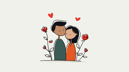 one-line drawn couple with hearts and roses Valentine's