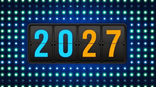 2027 Year on Retro Flip Clock Display Against Glowing Blue Light Wall