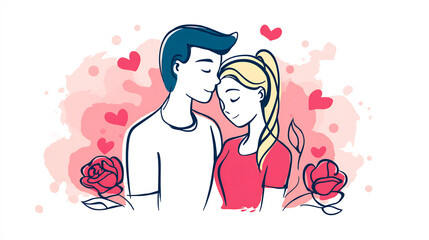 one-line drawn couple with hearts and roses Valentine's