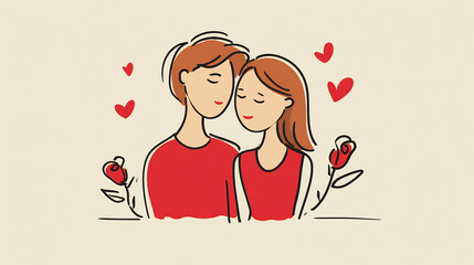 one-line drawn couple with hearts and roses Valentine's