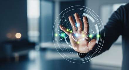 Hand Interacting with Holographic Network Interface.