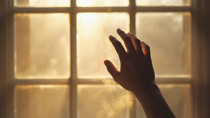 Hand Reaching Toward Sunlight Through Window