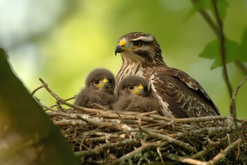 Fototapeta premium Common buzzard caring for chicks in a nest during early spring in the wild, Common buzzard buteo buteo, in the wild Chicks in the nest