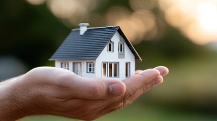 Naklejka premium Real estate agent holding a miniature house in open hands
