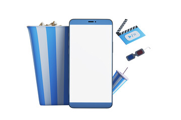 Blank smartphone mockup with cinema elements including popcorn, soda, 3D glasses, and clapperboard in clean layout on white background. 3D Rendering