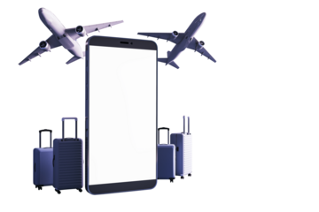 Mobile phone mockup with empty screen, surrounded by suitcases and airplanes in 3D Rendering style on isolated white background, travel concept
