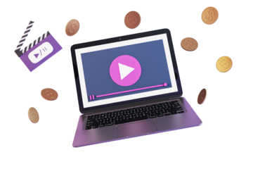 Purple laptop with play icon on screen, floating coins and clapperboard, isolated on white background. Concept of video blogging and monetization. 3D Rendering