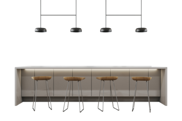 Contemporary kitchen island set with four stylish bar stools and hanging pendant lamps, isolated on white background. 3D Rendering