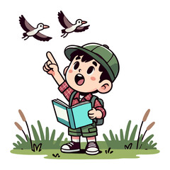 Boy Holding Book Looking Up At Flying Ducks in Green Field