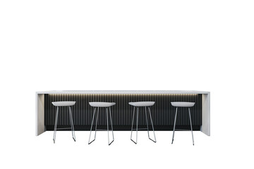 Modern bar counter with five minimalist bar stools, clean design style, isolated on white background. Concept of furniture template. 3D Rendering