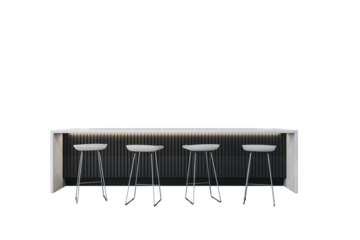 Modern bar counter with five minimalist bar stools, clean design style, isolated on white background. Concept of furniture template. 3D Rendering