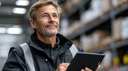 Supervisor smiling and using digital tablet in warehouse