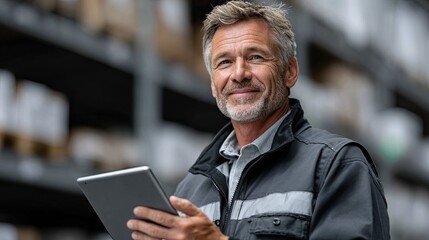 Supervisor smiling and using digital tablet in warehouse