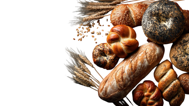 Variety of freshly baked artisan breads and wheat stalks display against white backdrop on transparent background