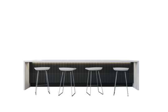 Modern bar counter with five minimalist bar stools, clean design style, isolated on white background. Concept of furniture template. 3D Rendering