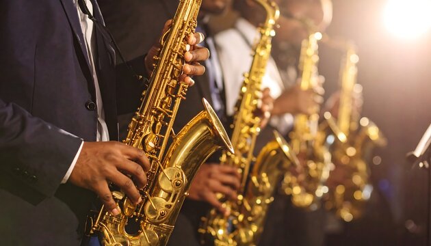 Jazz musicians playing saxophones in a dimly lit venue