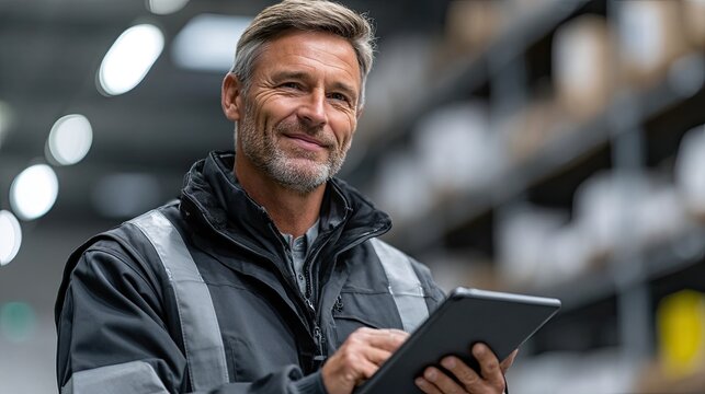 Supervisor smiling and using digital tablet in warehouse
