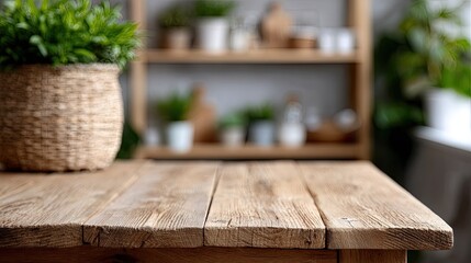 Empty wooden table with blurred kitchen in background showing eco-friendly design