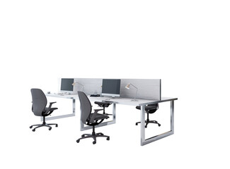 Office workstation setup with partition, swivel chairs, monitors, and desk lamps in modern clean style on isolated white background. 3D Rendering