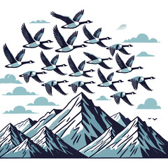 Illustration of a Flock of Geese Flying on Migration over the Mountains