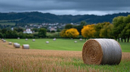 Round hay bales drying in green field with autumn foliage and mountains