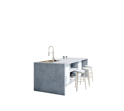 Contemporary kitchen island with stools, faucet, and shelves, isolated on clean white background, modern layout element for interior design. 3D Rendering.